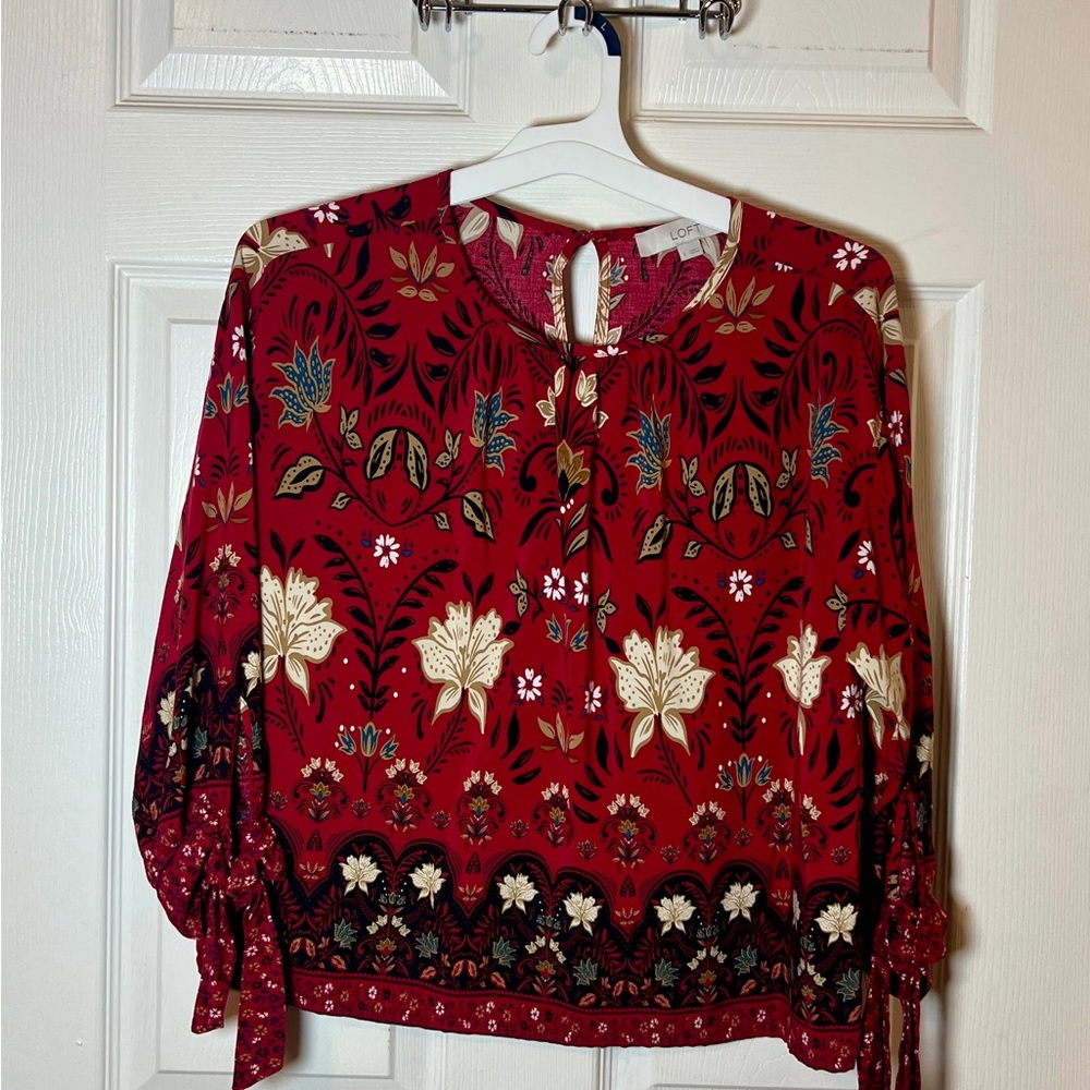 LOFT Red Floral Blouse with Black Accents